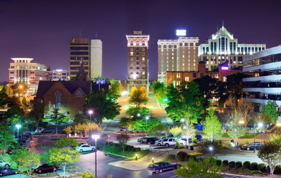 Downtown Greenville, South Carolina at night.
