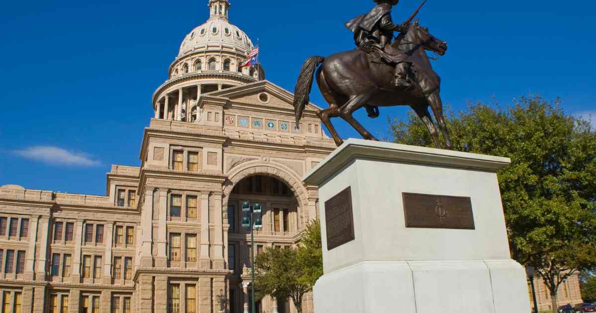 Capitol Building in Texas with Horseback Protector Monument.